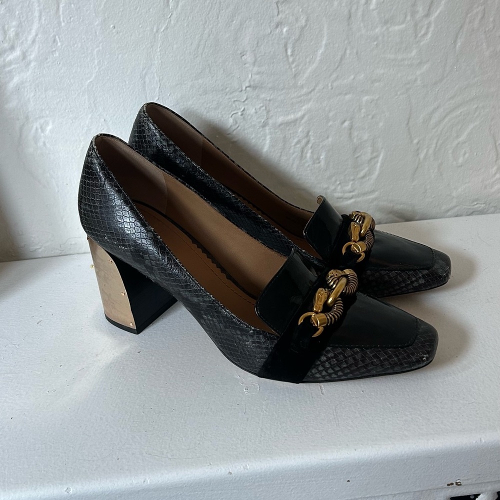 Tory Burch Jessa Black Snake Print Heels with Gold Accent
